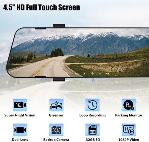 Vista 2 de Cámara de salpicadero de espejo para automóviles, espejo retrovisor de 4.5 pulgadas, 1080P cámaras duales de visión frontal y trasera, súper visión