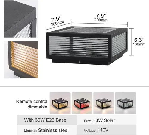 Vista 5 de Luz solar para exteriores, de acero inoxidable IP65, impermeable, 7.9 pulgadas, lámpara de poste cuadrada, regulable, lámpara de columna de paisaje
