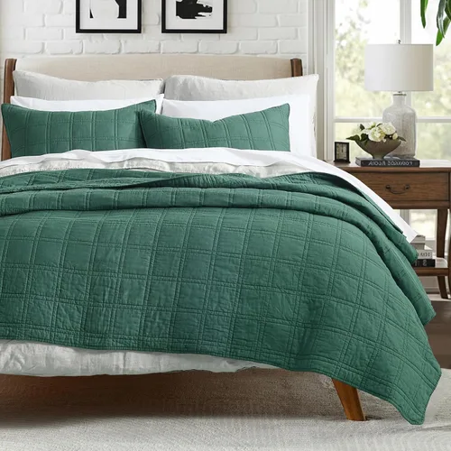 Vista 12 de HORIMOTE HOME Juego de edredón 100% algodón tamaño Queen, juego de colcha prelavada gris claro, funda de cama decorativa con costuras ligeras y 2