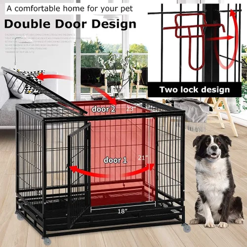 Vista 4 de Jaula para perros resistente, perrera de 36 pulgadas con ruedas con cerradura, jaula para mascotas de doble puerta de alta ansiedad, jaula extra