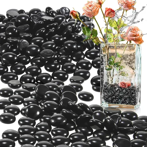Sukh Mármoles de vidrio negro plano, cuentas decorativas, pepitas de vidrio, jarrón de relleno de gemas, dispersión en mesas, piedras de gas,
