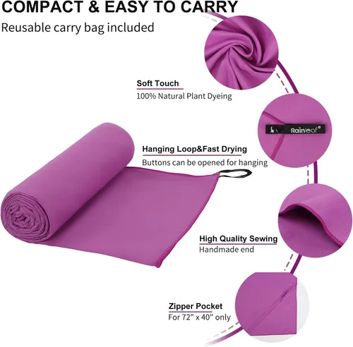 Vista 3 de Toalla de microfibra Rainleaf perfecta para viajes y gimnasio y camping. Secado rápido - Super absorbente - Ultra compacta - Liviana. Adecuada