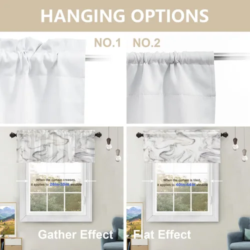 Vista 4 de BaoNews Cenefas de cocina de mármol abstracto blanco y gris para ventanas, cenefas opacas con ondas curvas, cortinas de poliéster multicapa