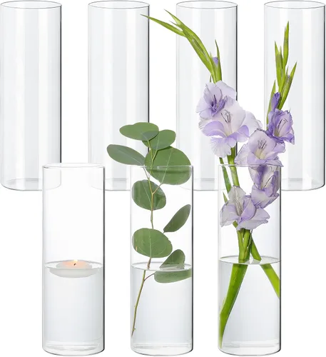 Vista 10 de SUPMIND Juego de 6 jarrones cilíndricos de vidrio para centros de mesa, jarrones de flores transparentes cortos de 5 pulgadas a granel, portavelas