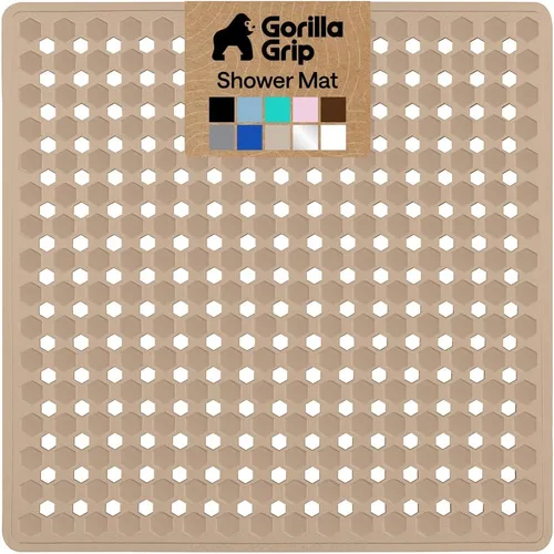 GORILLA GRIP Tapete cuadrado patentado para regadera, tapete pequeño para regadera de pie, ventosas y agujeros de drenaje, lavable a máquina, suave