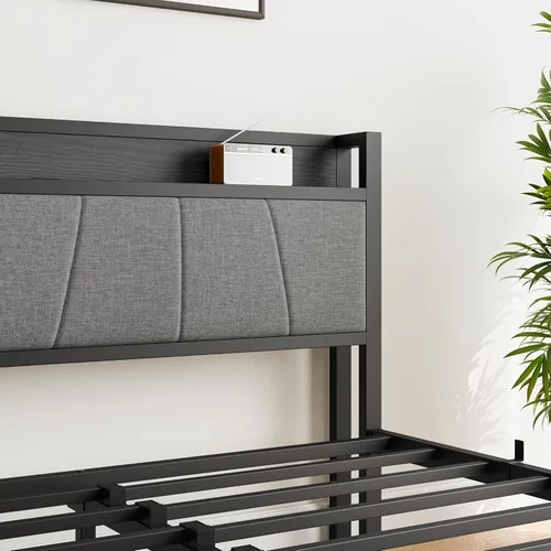 Vista 32 de BOFENG Base de cama de tamaño matrimonial con cabecera de almacenamiento, estación de carga USB, plataforma de metal resistente, marco de cama doble