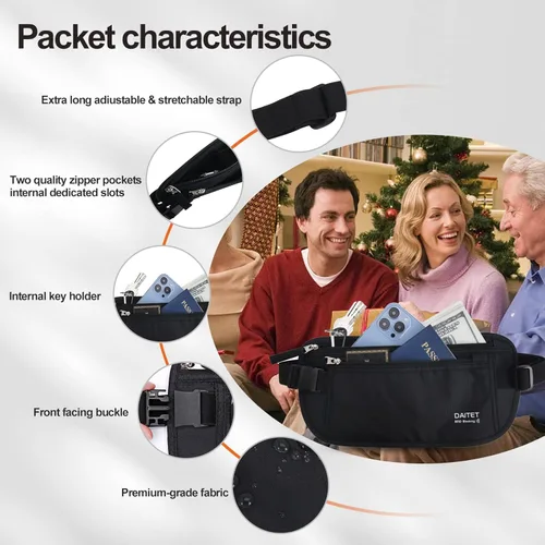 Vista 8 de DAITET Cinturón de dinero, soporte para pasaporte, cartera de viaje oculta segura con bloqueo RFID, riñonera encubierta (negro), Negro, Rfid