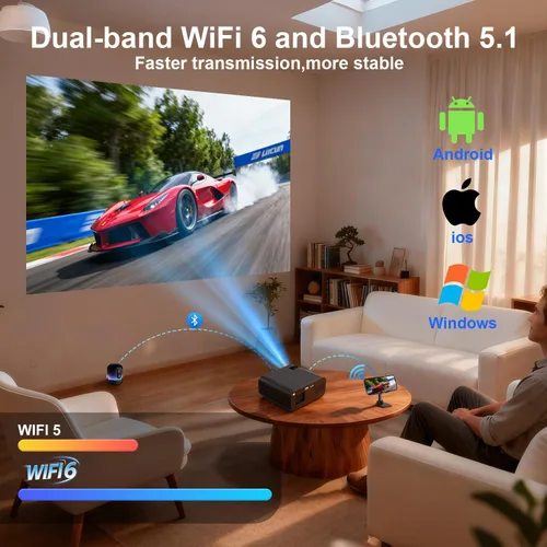 Vista 3 de Proyector, Proyector inteligente con WiFi y Bluetooth, Aplicaciones integradas, Enfoque automático y Keystone, Soporte nativo 1080P, Proyector mini