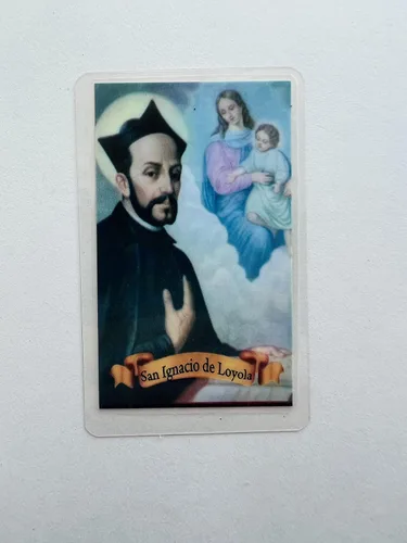 Vista 2 de San Ignacio de Loyola" Tarjeta Laminada con Oración y Rosario de Cristal de La Virgen de Guadalupe