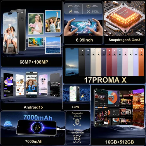 Vista 7 de Ecshock Teléfono desbloqueado de 17PM Teléfono celular Android 15.0 16+512GB Smartphone Pantalla HD de 6.99 pulgadas Batería de larga Negro