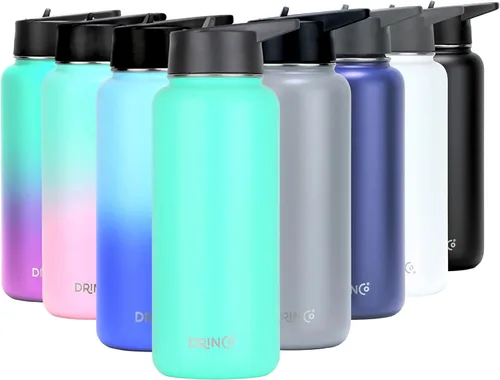 Vista 25 de Drinco - Botella de agua de acero inoxidable con boquilla, tapa aislada al vacío, botella de agua de doble pared, de boca ancha