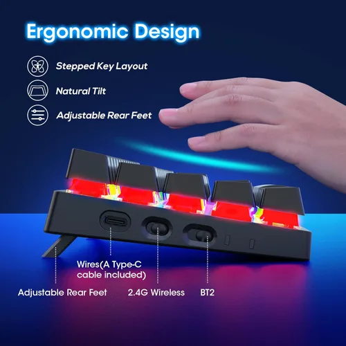 Vista 7 de Pauroty 60% Teclado mecánico inalámbrico, teclado de juego de triple modo 2.4G/USB-C/Bluetooth, retroiluminación RGB, interruptor azul clicky