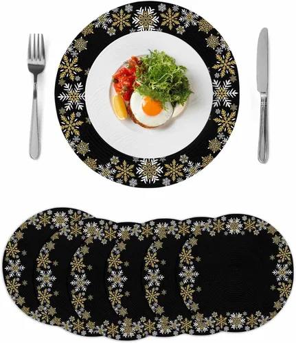 Vista 16 de Christams Round Placemats Set of 2 Snowflake Table Mats for Dining Table Decor Gold Black Round Braided Placemats Heat Resistant Washable Woven