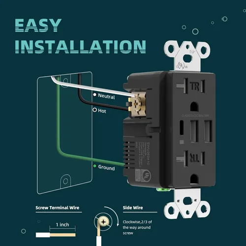 Vista 7 de TOPELER Toma de pared USB C negra, toma eléctrica de carga rápida de 30W 6.0Amp con 3 puertos USB (1*Tipo C y 2*Tipo A), receptáculo resistente a