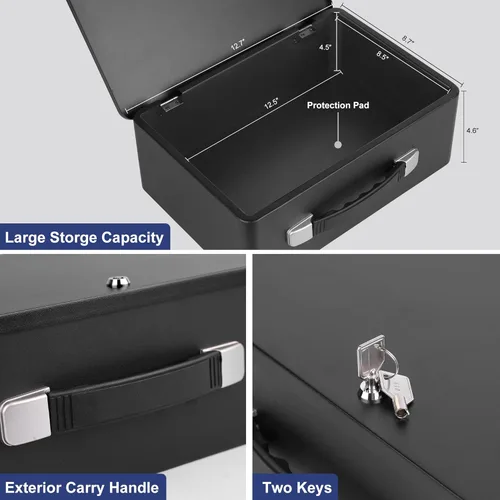 Vista 5 de Caja de documentos ignífuga con cerradura de llave, caja de almacenamiento segura resistente al fuego para objetos de valor, documentos, pasaporte