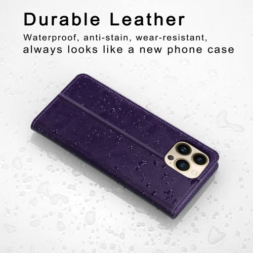 Vista 2 de Belemay Funda compatible con iPhone 15 Pro Max, piel auténtica, tarjetero con bloqueo RFID, carcasa de poliuretano termoplástico a prueba de golpes