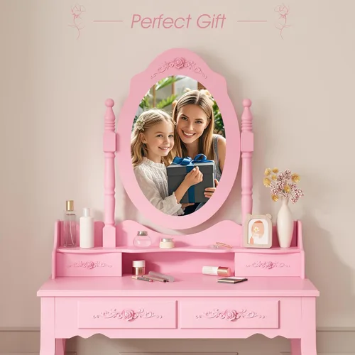 Vista 3 de Alohappy - Juego de mesa de maquillaje con espejo y taburete para niñas, mesa de maquillaje y taburete acolchado con 4 cajones, tocador de madera