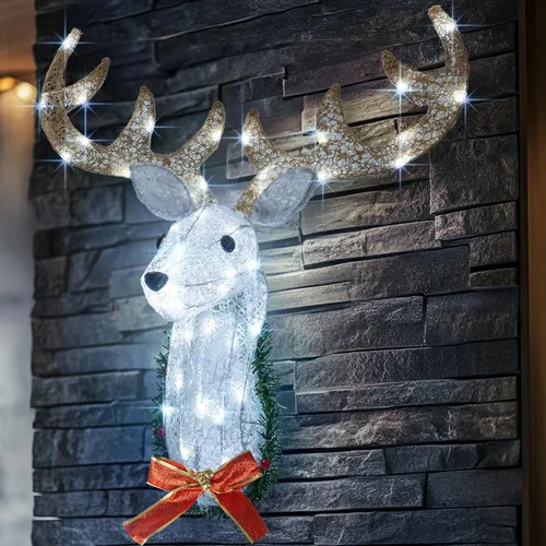 Vista 3 de Hourleey Decoración de Pared de Navidad Iluminada Cabeza de Reno, Corona Colgante de Rodolfo 3D de 32" Operada por Batería con 8 Modos, Decoración
