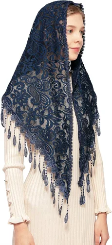 Vista 2 de Wgior Triángulo Flor Capilla Velos Católico Latino Masa Cabeza Cubierto de Encaje Bufanda Mantilla Velos para Iglesia