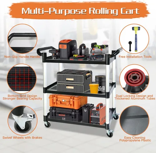 Vista 3 de Carros utilitarios con ruedas, carrito rodante de 3 niveles con ruedas, carrito de servicio de alimentos resistente de 510 libras con almohadilla