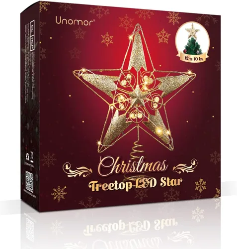 Vista 6 de Decoración para árbol de Navidad, 15 luces LED iluminadas para árbol de Navidad, decoración de estrella dorada para decoración interior del hogar