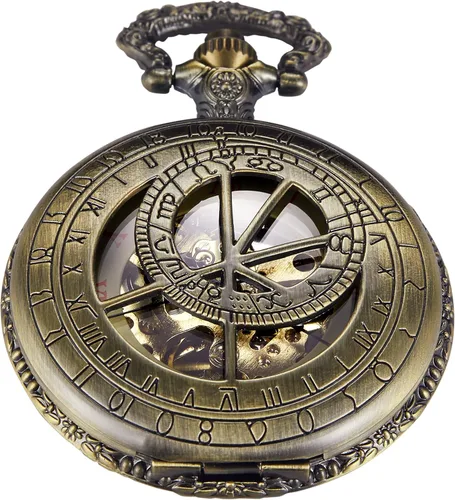 Bronze Men's Antique Mechanical Pocket Watch, Skeleton Mechanical Roman Numerals Pocket Watch with Chain + Box