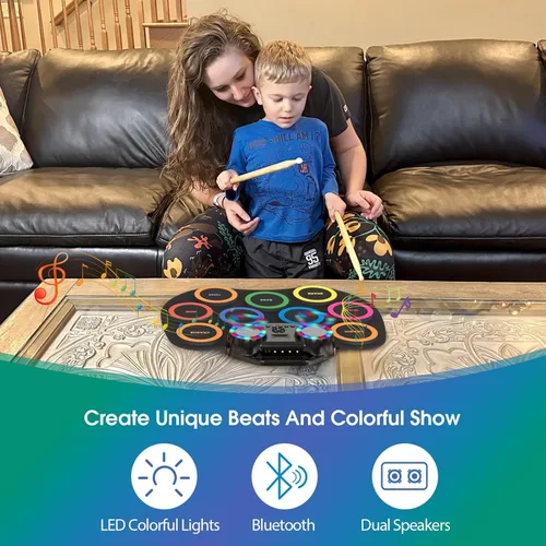 Vista 2 de ROCKSOCKI Juego de Tambor Electrónico de 9 Almohadillas con Luces LED, Kit de Tambor Electrónico Portátil Bluetooth, Almohadilla de Práctica