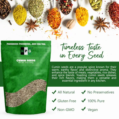 Vista 6 de NPG Semillas de comino enteras de 16 onzas, crudas, totalmente naturales, sin gluten, sin OMG, semillas de comino enteras a granel para platos