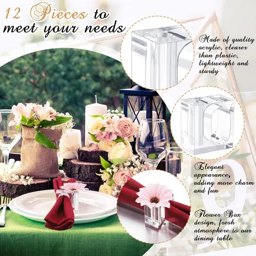 Vista 3 de Meanplan 12 servilleteros de flores de acrílico transparente, juego de floreros cuadrados a granel para bodas, decoración de mesa de banquetes