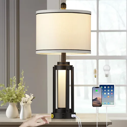 Vista 12 de 26" Modern Lamp for Living Room, Industrial 3-Way Dimmable Beside Table Lamp with USB A+C Charging Ports & AC Outlet, Touch Control Beside Lamp LED