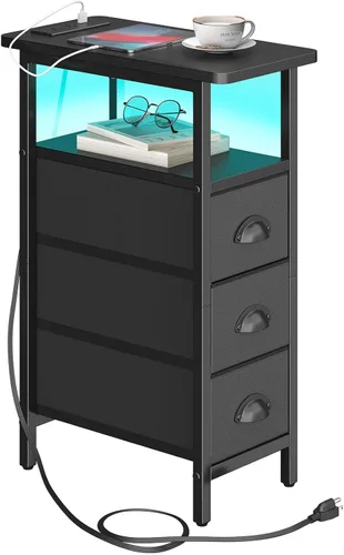 sthmec Mesa auxiliar con estación de carga, mesas auxiliares LED con puertos USB y tomacorrientes, mesitas de noche delgadas con 3 cajones, mesas