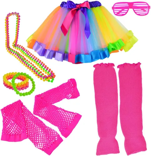 Accesorios de disfraz 6 en 1 de los años 80 para niños, trajes elegantes de los años 80 y tutú para fiesta de cosplay con temática retro de los años