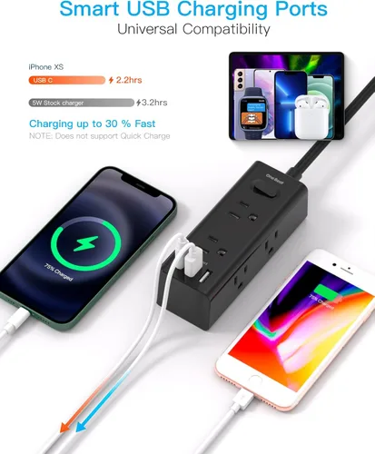 Vista 4 de Cable de extensión de 5 pies con múltiples tomas, regleta de alimentación de enchufe plano con cable de 5 pies de largo, 6 tomas de corriente, 3