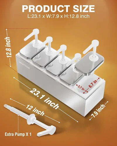 Vista 6 de WantJoin Dispensador de salsa de 13.75 cuartos con 5 frascos, estación de bomba de condimentos de acero inoxidable de 2.75 cuartos de galón / 2.6 L