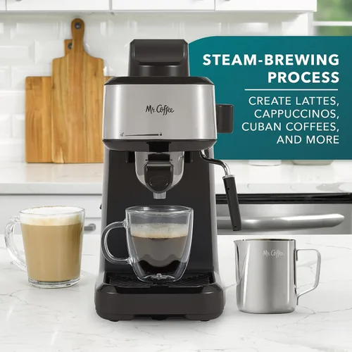 Vista 2 de Mr. Coffee máquina al vapor de 4 tazas para preparar café expreso, capuchino y café con leche con jarra de espuma de acero inoxidable