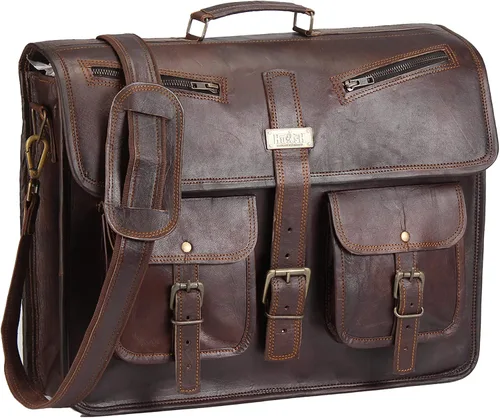 Bolsa de mensajero de cuero para hombres y mujeres de 18 pulgadas | Mejor maletín para computadora portátil con correa ajustable Marrón