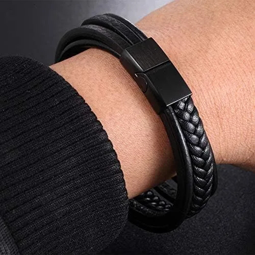 Vista 5 de AKOAK Paquete de 1 pulsera de cuero para hombre, pulsera de cuero casual de múltiples hebras, pulsera trenzada con cierre