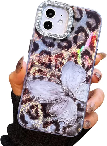 Vista 484 de I-MGAE-IN-AR - Funda diseñada para iPhone 12 y 12 Pro, diseño de mariposa plateada brillante, funda protectora de poliuretano termoplástico, suave