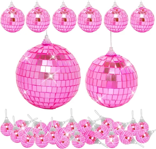 Paquete de 32 mini bolas de discoteca decorativas de diferentes tamaños de bola de espejo con cuerda para colgar, adorno de bola de discoteca para