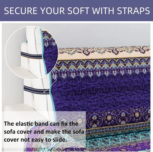 Vista 5 de Yiran Funda de sofá bohemia azul y morado con estampado de mandala a rayas, protector de muebles con correas elásticas, funda de sofá de microfibra