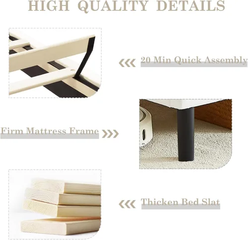 Vista 11 de Flolinda Base de cama tamaño King con cabecera tapizada de terciopelo ajustable y soporte de listones de madera, base de colchón tapizada, no Blanco