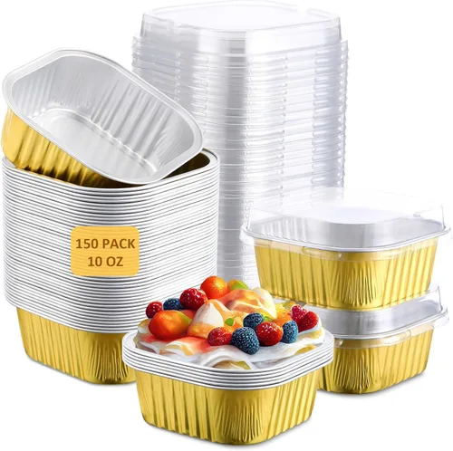 Vista 15 de Aoriher 150 moldes cuadrados de 10 onzas para pasteles con tapas, tazas de brownie de aluminio para hornear, moldes desechables para cupcakes