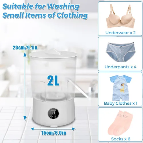 Vista 2 de Mini lavadora de ropa interior – Lavadora portátil de ropa pequeña de 2 litros, recargable, inalámbrica, con 3 modos para brasier, ropa