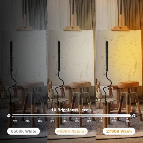 Vista 3 de Lámpara de escritorio LED con abrazadera, lámpara de abrazadera con modos de color ajustables, luz con clip con cuello de cisne flexible largo