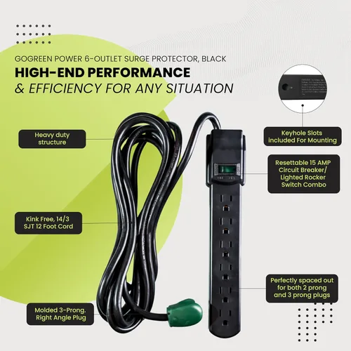 Vista 5 de GoGreen Power - Protector de sobretensiones de 12 pies, 6 tomas, negro (GG-16103M-12BK)