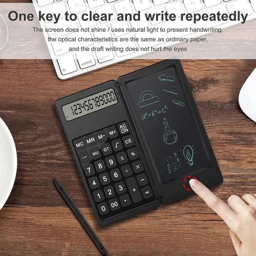 Vista 3 de Calculadoras de Doodle Pad, calculadora para niños con tableta de escritura y pantalla LCD de 6 dígitos, tablero electrónico de 12 dígitos
