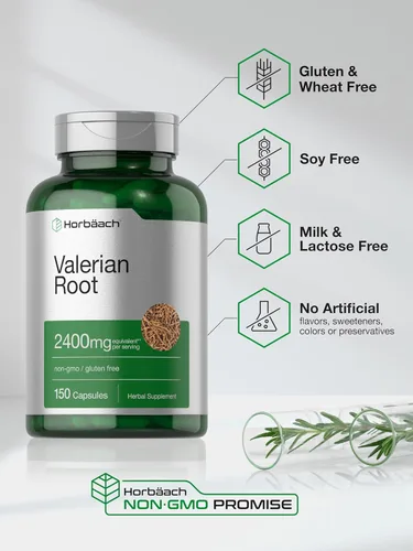 Vista 5 de Horbäach Cápsulas de raíz de valeriana 150 unidades Suplemento de extracto Sin OMG, sin gluten