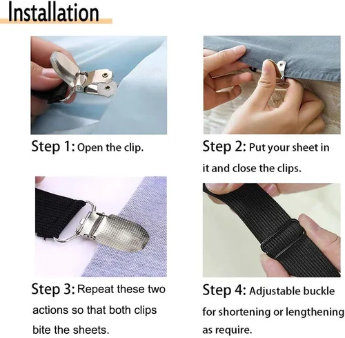 Vista 4 de 4 correas ajustables entrecruzadas para sábana bajera (4 unidades, color negro)