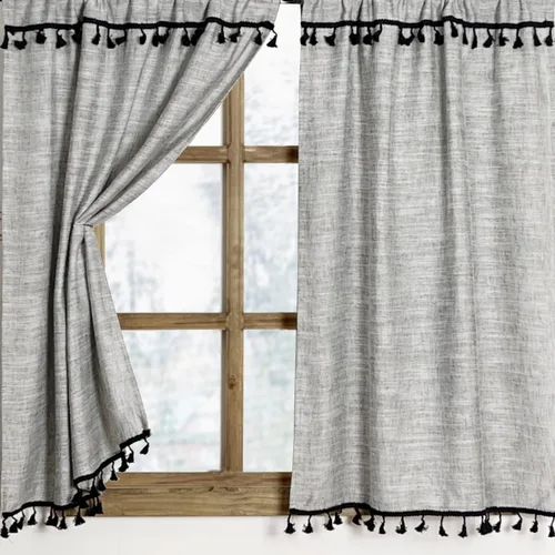 Vista 5 de Cortinas de cocina con borlas boho de 36 pulgadas de largo, modernas, de granja, de algodón y lino, cortinas cortas de cafetería para baño, ventana