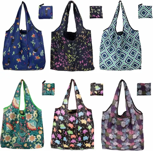 Vista 10 de Paquete de 6 bolsas de comestibles reutilizables resistentes con asas, bolsas de compras reutilizables para mujeres, plegables, lavables para 6